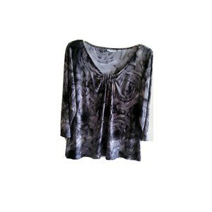 Susan Graver Womens Gray Floral Print Pleated Neck Flowy Top Sz XL Stretch